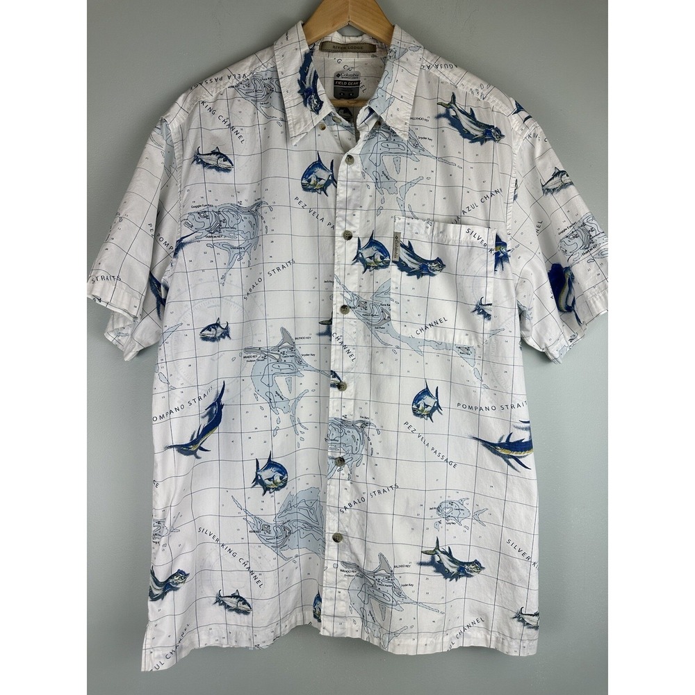 Columbia Field Gear River Lodge Short Sleeve Button Up Fish Print Shirt Large